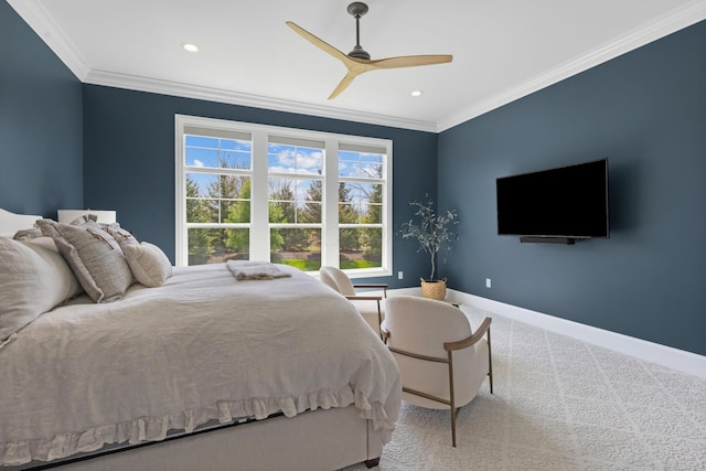 carpeted bedroom featuring recessed lighting, crown molding, baseboards, and a ceiling fan