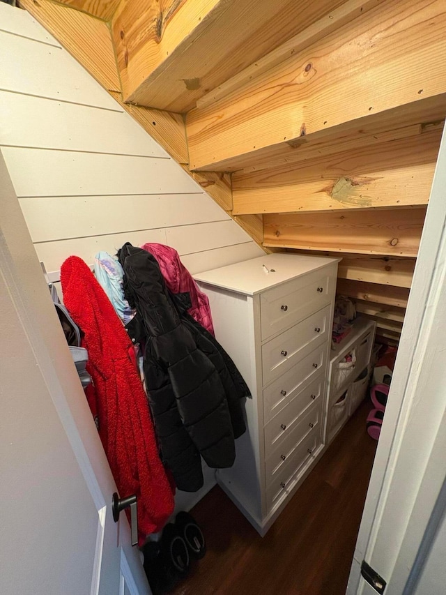 interior details featuring wood walls and wood finished floors