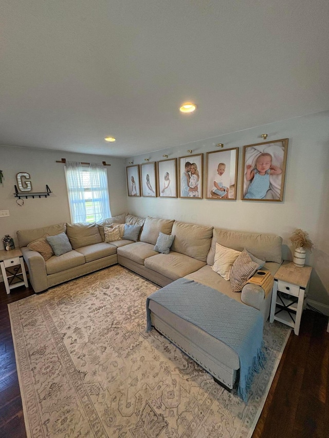 living room with recessed lighting and wood finished floors