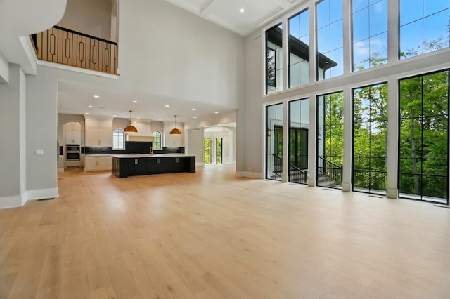 10007 Allen Dr, Dublin, OH 43017 - living area with a towering ceiling, light wood-style flooring, baseboards, and arched walkways