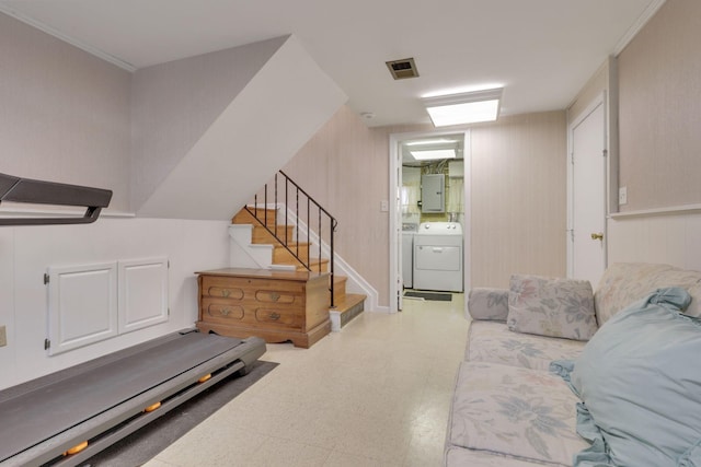 6693 Red Coach Ln, Reynoldsburg, OH 43068 - workout area featuring tile patterned floors, visible vents, washer and clothes dryer, and electric panel