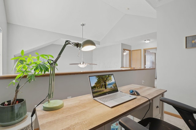 home office featuring ceiling fan and lofted ceiling