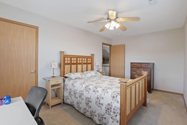 bedroom featuring light carpet, baseboards, and ceiling fan