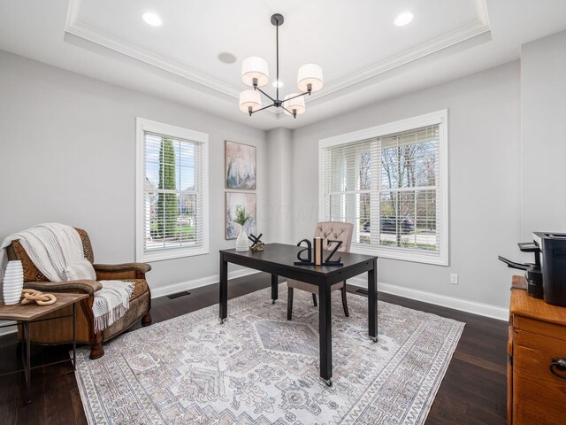 7251 Wilton Chase St, Dublin, OH 43017 - office with a tray ceiling, dark wood-type flooring, an inviting chandelier, and baseboards