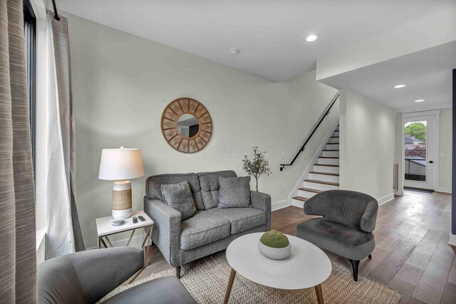 362-366 Zimpfer St Unit 1-3, Columbus, OH 43206 - living area with stairway, wood finished floors, baseboards, and recessed lighting