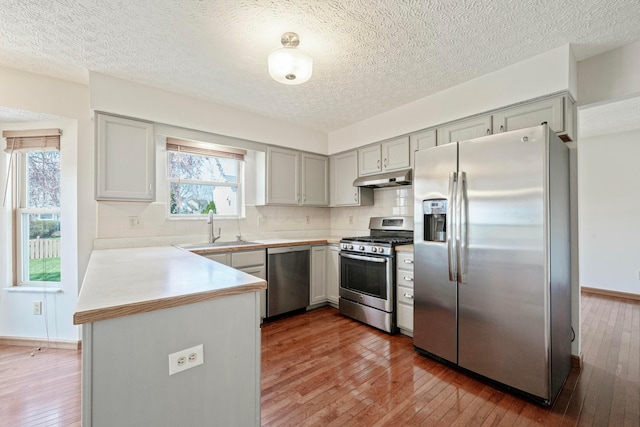 kitchen with a sink, gray cabinets, appliances with stainless steel finishes, and under cabinet range hood