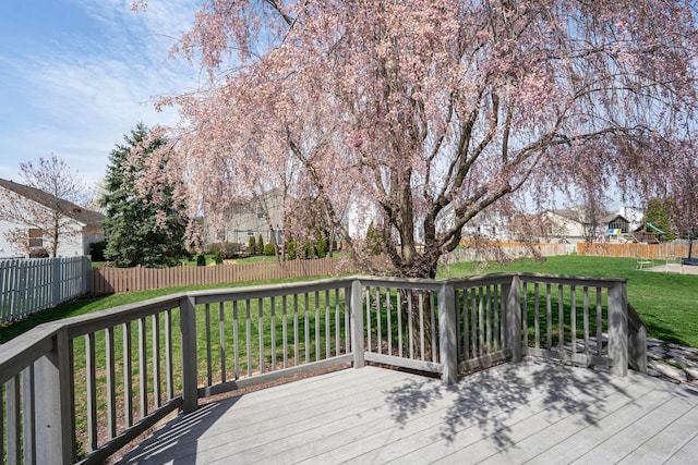 wooden deck with a fenced backyard and a lawn