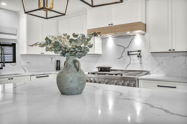 kitchen featuring decorative backsplash, white cabinetry, exhaust hood, and a sink