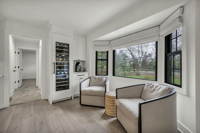 sitting room featuring a dry bar, a wealth of natural light, light wood-type flooring, and baseboards
