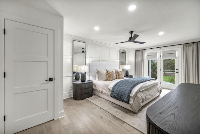 bedroom featuring light wood-type flooring, recessed lighting, access to outside, and ceiling fan