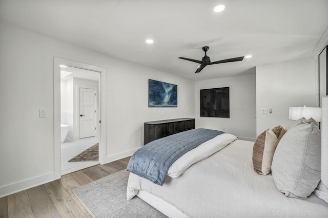 bedroom with wood finished floors, ceiling fan, recessed lighting, and baseboards