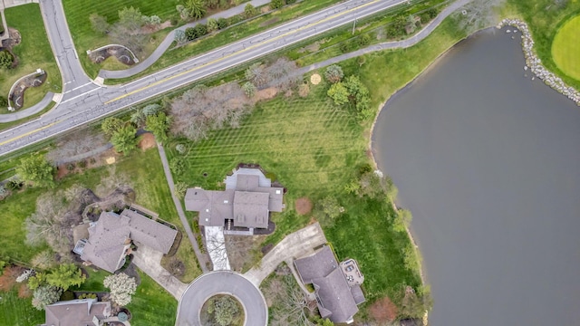 drone / aerial view featuring a water view
