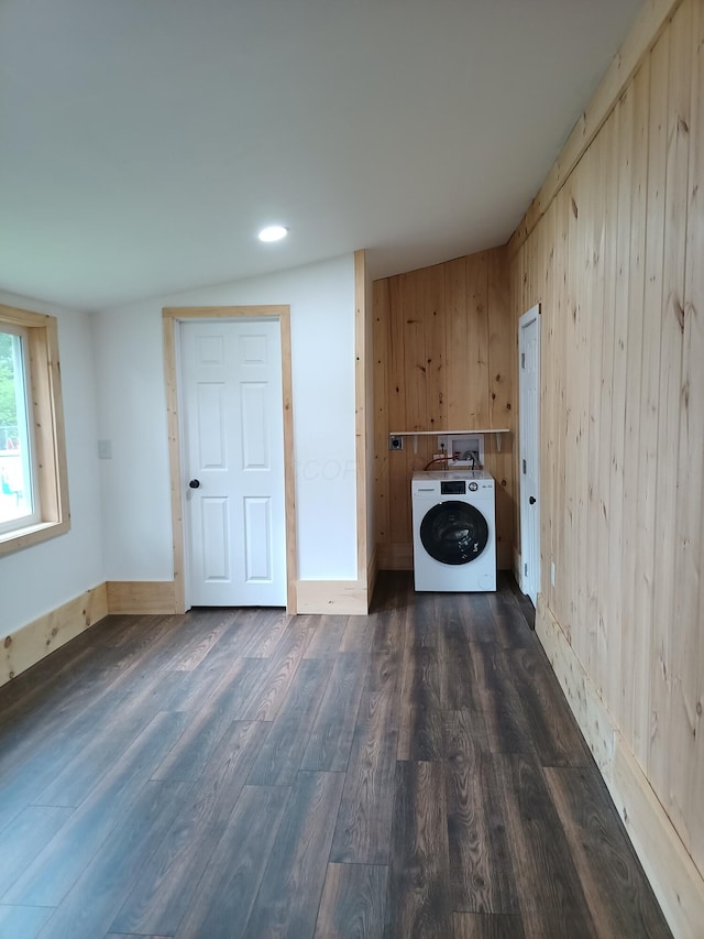 126 7th St, Lancaster, OH 43130 - laundry area with washer / dryer, dark wood-style floors, wooden walls, and baseboards