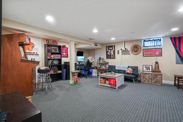 carpeted living area featuring baseboards and recessed lighting