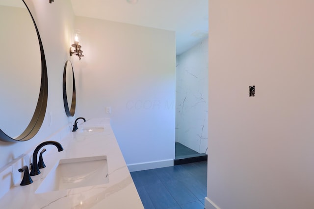 3597 Country Club Rd SW, Lancaster, OH 43130 - full bathroom featuring a marble finish shower, double vanity, and tile patterned flooring