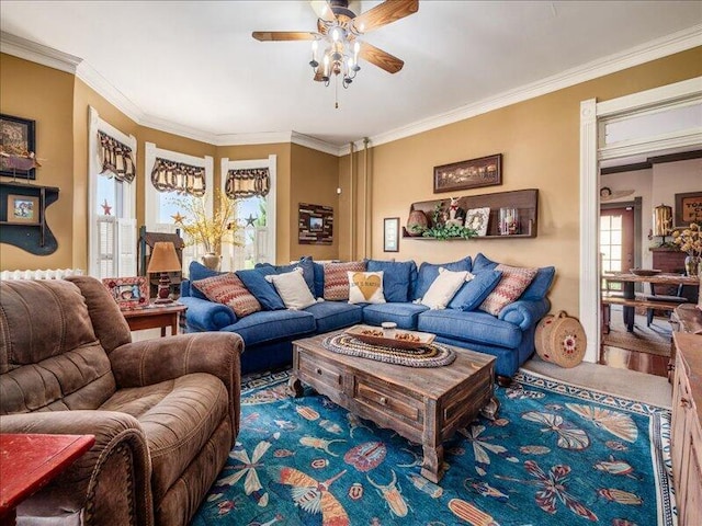 living area with a ceiling fan and ornamental molding