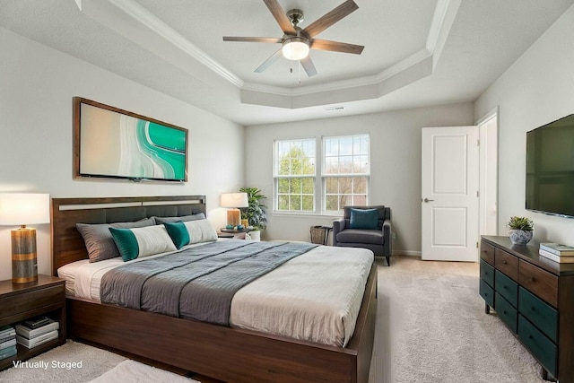 858 Blackcomb Dr, Cincinnati, OH 45244 - bedroom featuring a raised ceiling, light carpet, ceiling fan, and crown molding