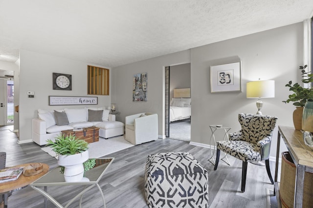 living room with a textured ceiling, wood finished floors, and baseboards