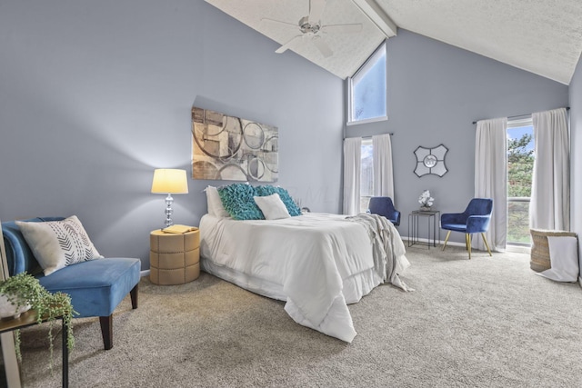 bedroom featuring high vaulted ceiling, ceiling fan, beamed ceiling, and carpet floors