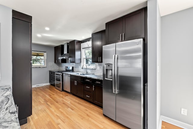 2209 Fishinger Rd, Columbus, OH 43221 - kitchen with wall chimney range hood, appliances with stainless steel finishes, a sink, light wood-type flooring, and backsplash