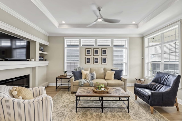 living room featuring a tray ceiling, ceiling fan, wood finished floors, and baseboards