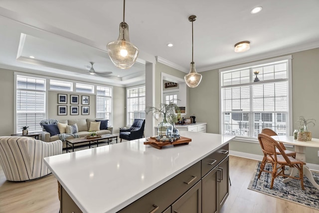 kitchen featuring light wood finished floors, crown molding, and a healthy amount of sunlight