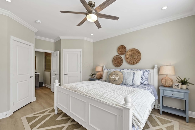 bedroom featuring baseboards, recessed lighting, crown molding, a ceiling fan, and light wood finished floors