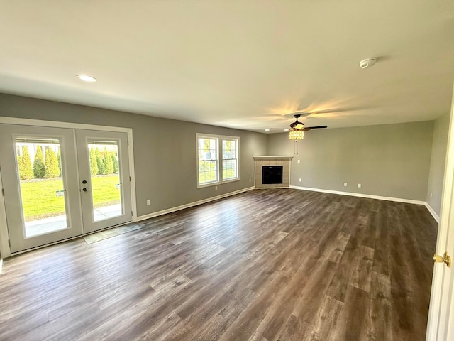 9465 Santa Clara Cir, Plain City, OH 43064 - unfurnished living room featuring baseboards, recessed lighting, french doors, a ceiling fan, and dark wood finished floors