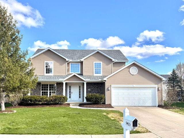 9465 Santa Clara Cir, Plain City, OH 43064 - traditional-style home with a shingled roof, an attached garage, concrete driveway, and a front lawn