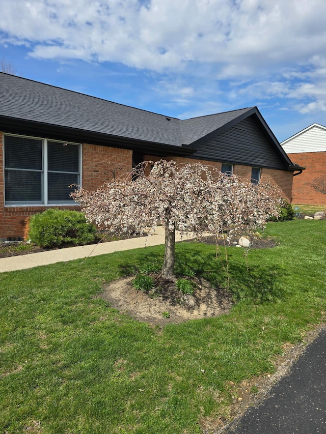 view of home's exterior with roof with shingles, a yard, and brick siding