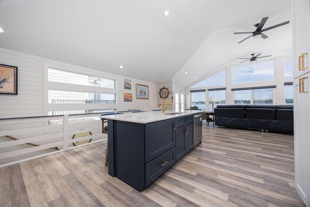 kitchen with a wealth of natural light, stainless steel dishwasher, light wood-style floors, and ceiling fan