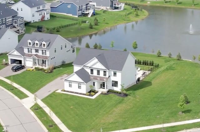 drone / aerial view with a water view and a residential view