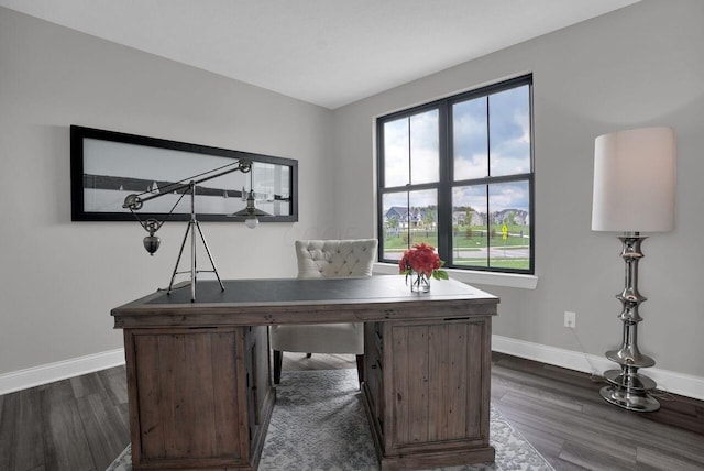 office featuring baseboards and dark wood-type flooring