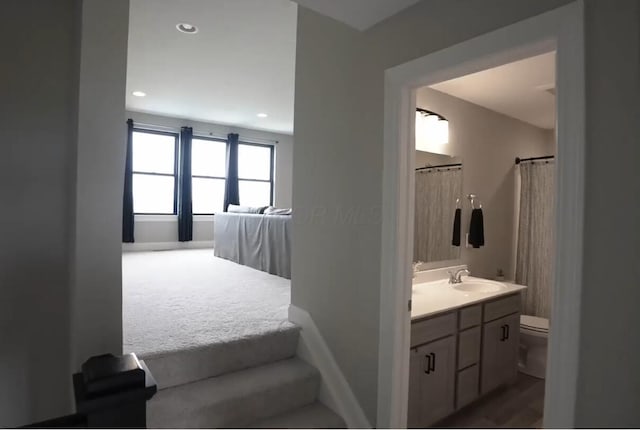 interior space with toilet, baseboards, vanity, and recessed lighting