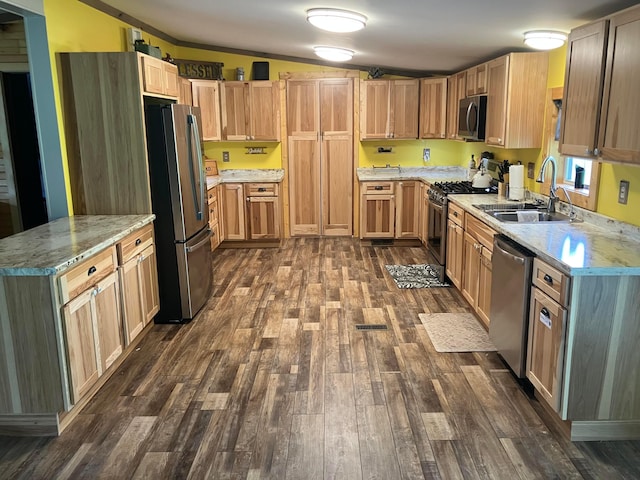 kitchen with light stone countertops, appliances with stainless steel finishes, dark wood-style floors, and a sink