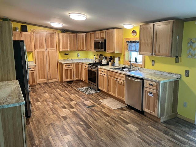 kitchen with dark wood-style flooring, appliances with stainless steel finishes, and a sink