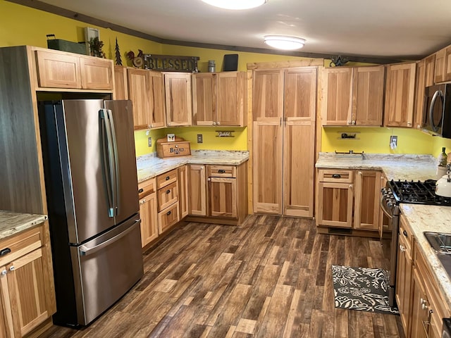 kitchen with lofted ceiling, stainless steel appliances, light stone counters, and dark wood finished floors