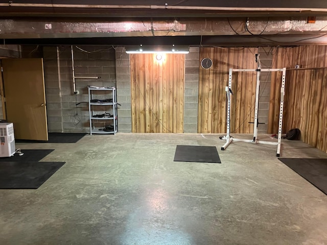 unfinished below grade area featuring wooden walls