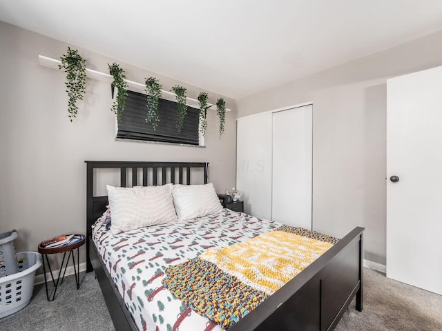 bedroom featuring a closet, baseboards, and carpet flooring