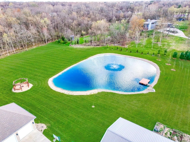 view of pool featuring a water view and a lawn