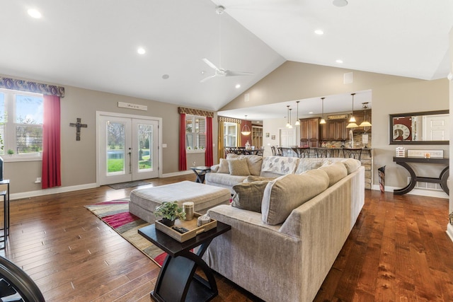 living room featuring ceiling fan, dark wood-type flooring, recessed lighting, french doors, and baseboards