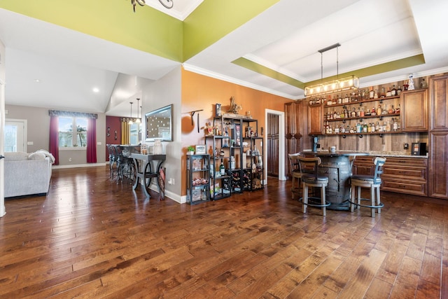 bar with a tray ceiling, a dry bar, dark wood-style flooring, and ornamental molding