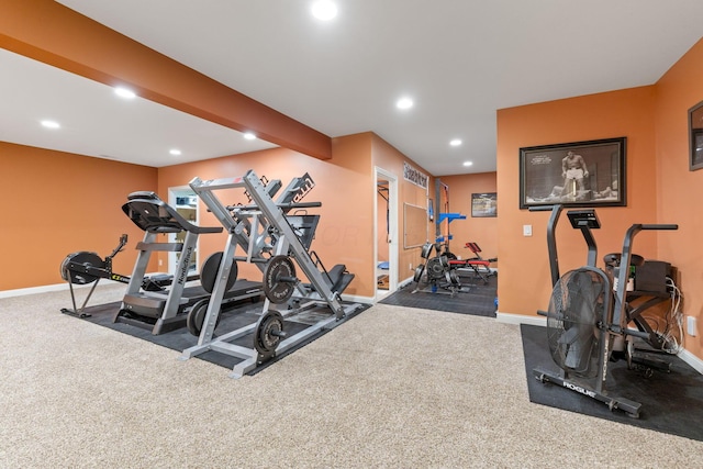 workout room featuring recessed lighting, carpet, and baseboards