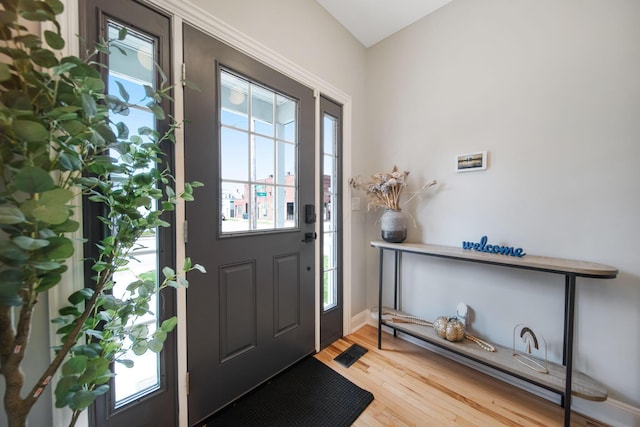 foyer entrance featuring baseboards and wood finished floors