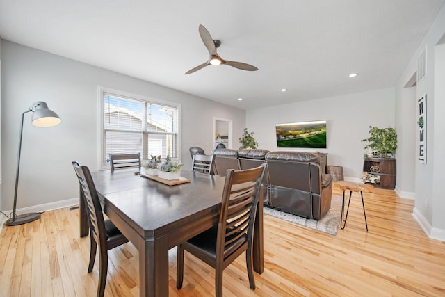 dining space with ceiling fan, recessed lighting, baseboards, and light wood-type flooring