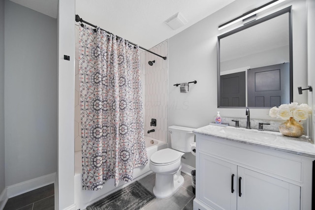 bathroom featuring vanity, shower / bath combination with curtain, baseboards, toilet, and visible vents