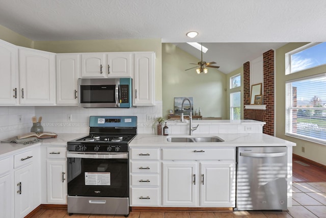 kitchen featuring a sink, a wealth of natural light, appliances with stainless steel finishes, and a ceiling fan