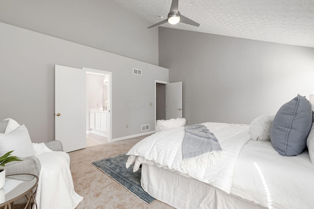 1148 Challis Springs Dr, New Albany, OH 43054 - bedroom featuring light carpet, high vaulted ceiling, a textured ceiling, ceiling fan, and connected bathroom