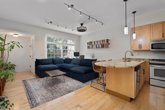 living area with baseboards and light wood finished floors