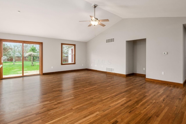 277 Cherrington Rd, Westerville, OH 43081 - unfurnished living room with wood finished floors, lofted ceiling, a ceiling fan, and visible vents